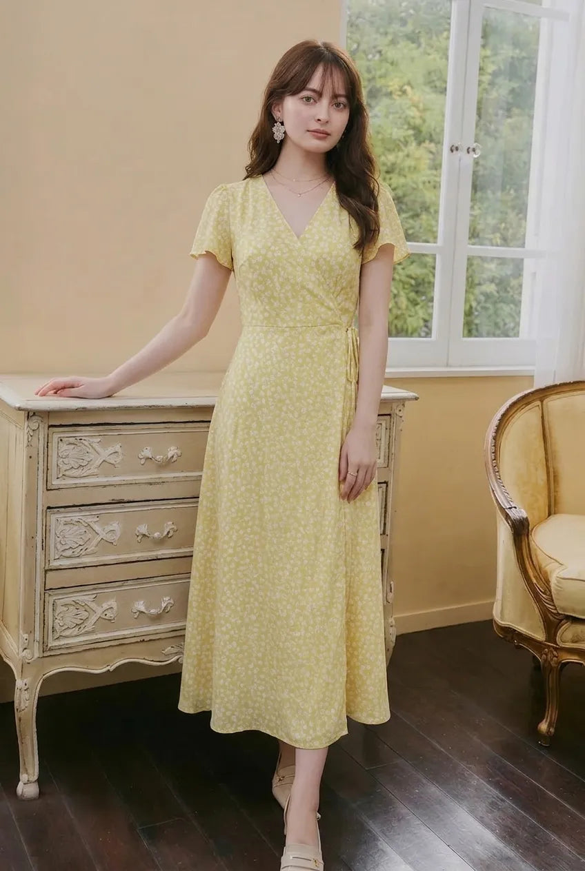 Vネックボウタイロングワンピース