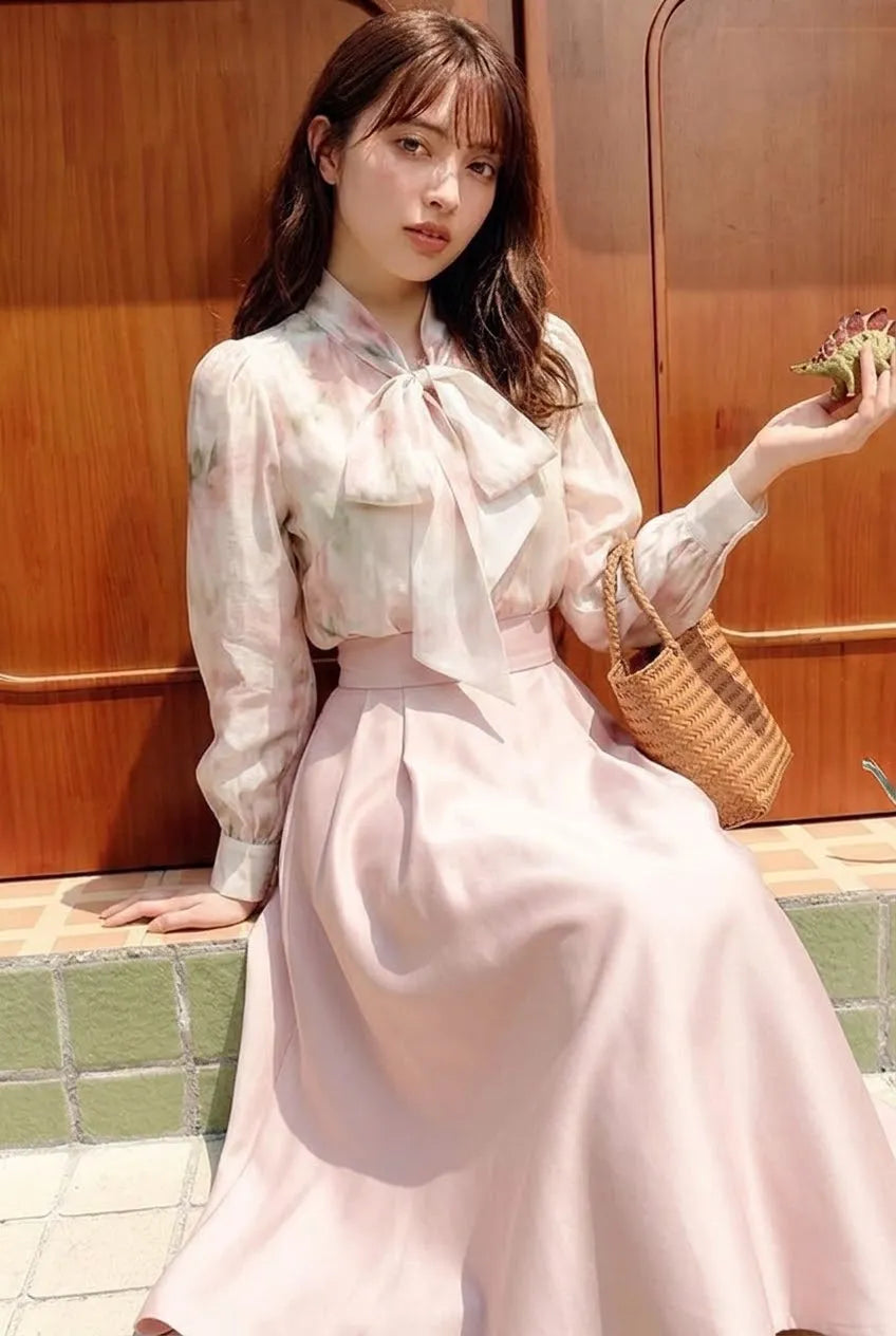 【単品注文】リボン結びトップス+Aラインスカート2点セット